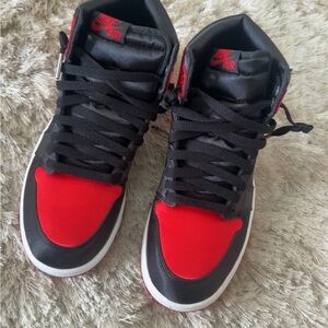 Black & Red Jordan 1 satin. Women's size 8